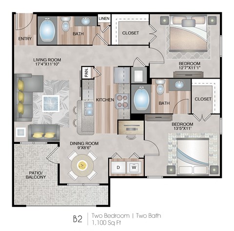 Floor plan for 2 beds, 2 baths, 1100 sqft